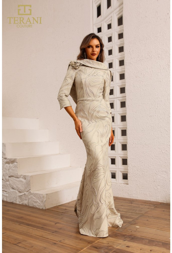 Terani Couture 251M4455 Boat Neck Jacquard Long Sheath Dress